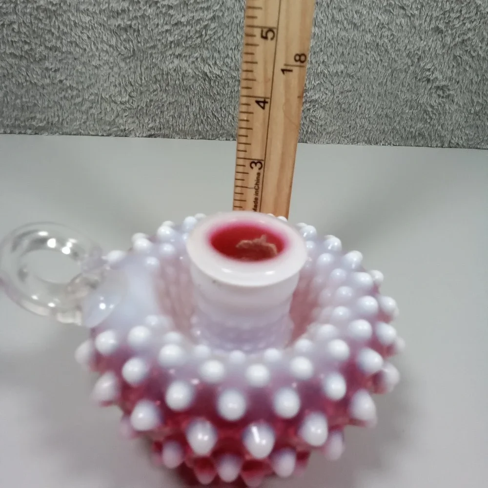 Vintage Cranberry Opalescent Hobnail Glass Candle Holder Chamberstick Pink White